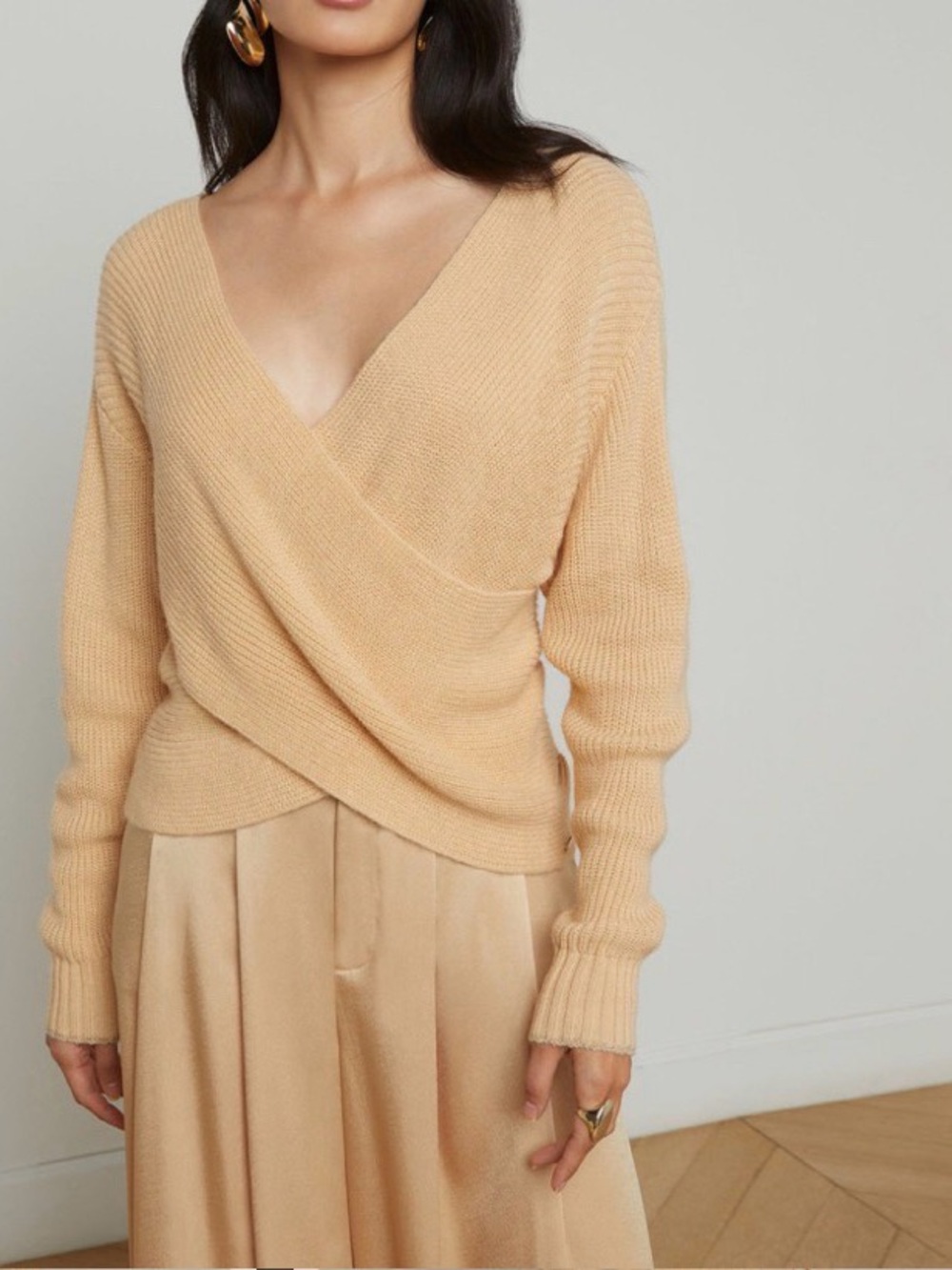 L'AGENCE Antonella Crossover Wrap Sweater Tan Sand Size M Wool Blend Knit